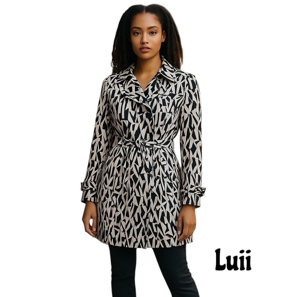 Luii Black And White Animal Print Belted Trench Coat Jacket NWT Size M Cottage